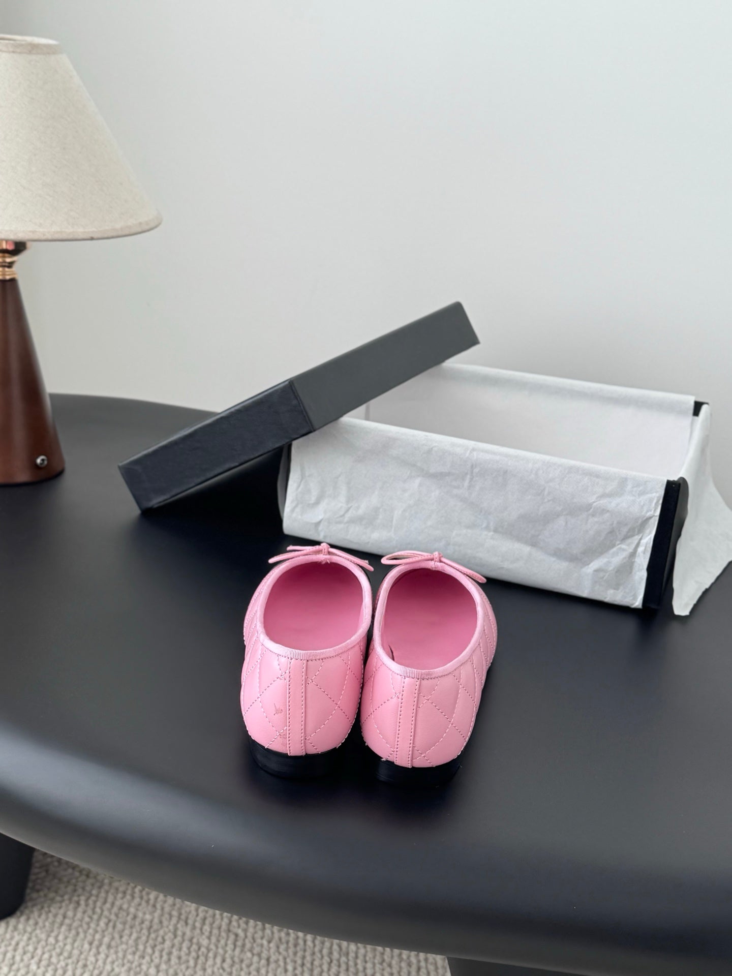 Chanel pink ballet flats with bow details and black toe caps with gift box