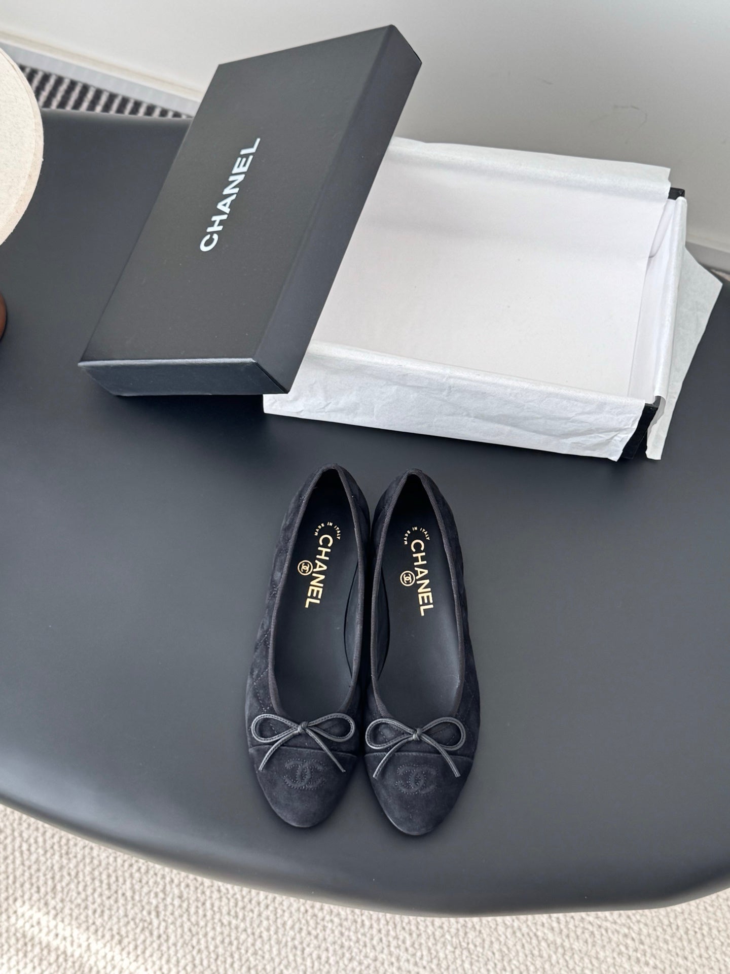 Women's dark navy lace-up ballet flats with bow ties, rounded toe