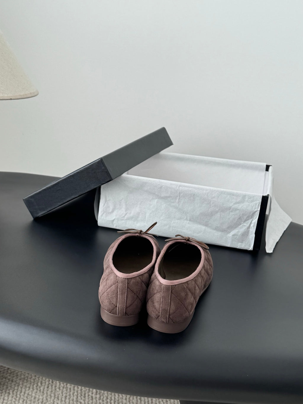 Chanel ladies ballet flats, mauve pink quilted back view with bow