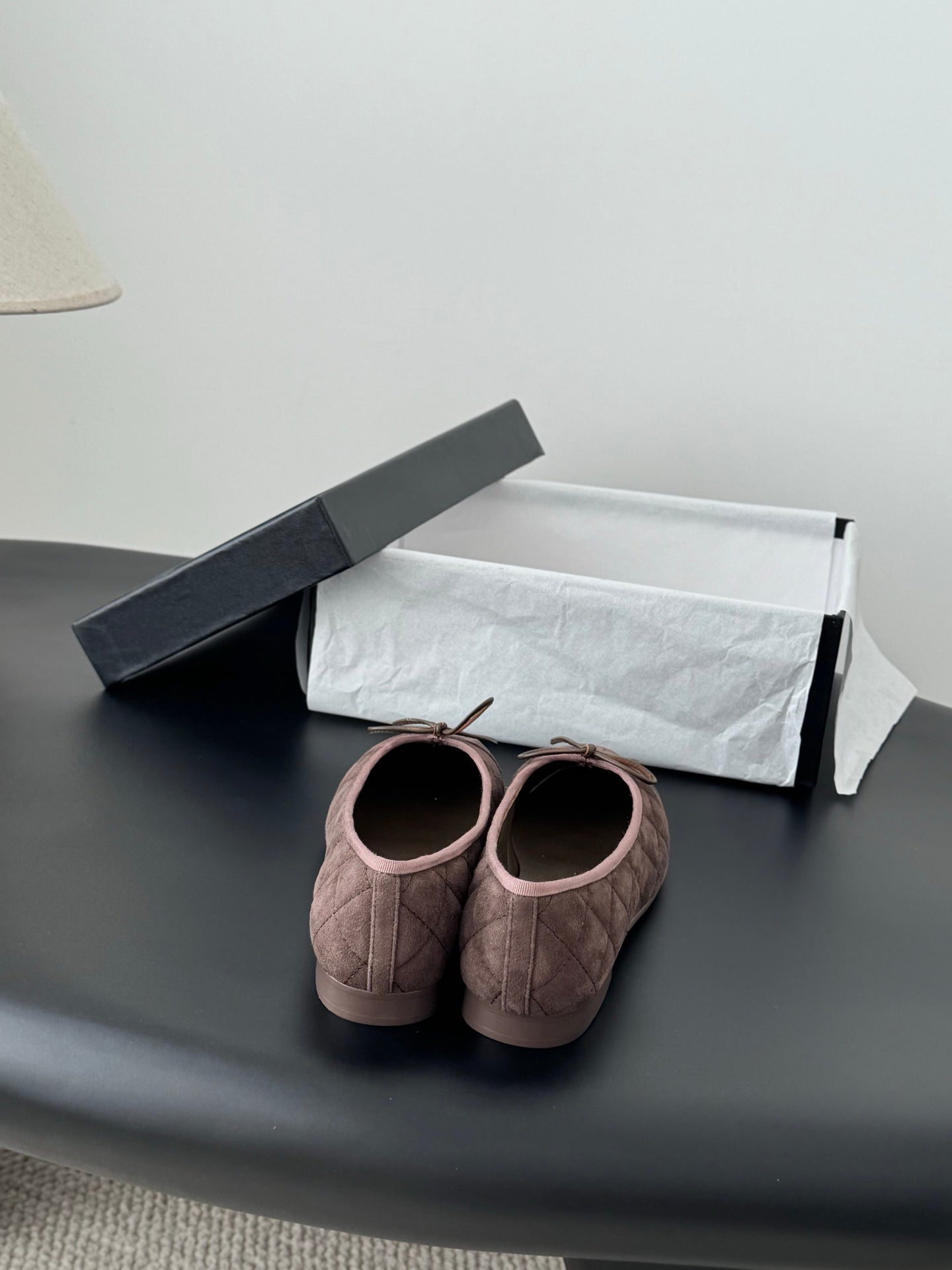 Chanel ladies ballet flats, mauve pink quilted back view with bow