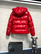 Moncler long red puffer jacket with back hood, quilted puffer construction and zipper