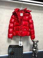 Moncler long red puffer jacket with hood, diamond-quilted design, front zipper