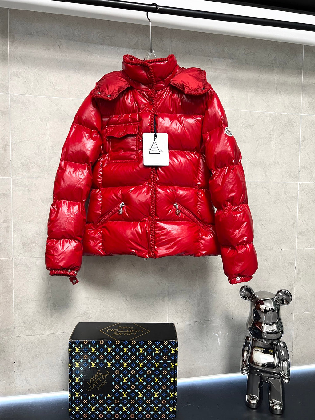 Moncler long red puffer jacket with hood, quilted panels, front zipper and flap pockets