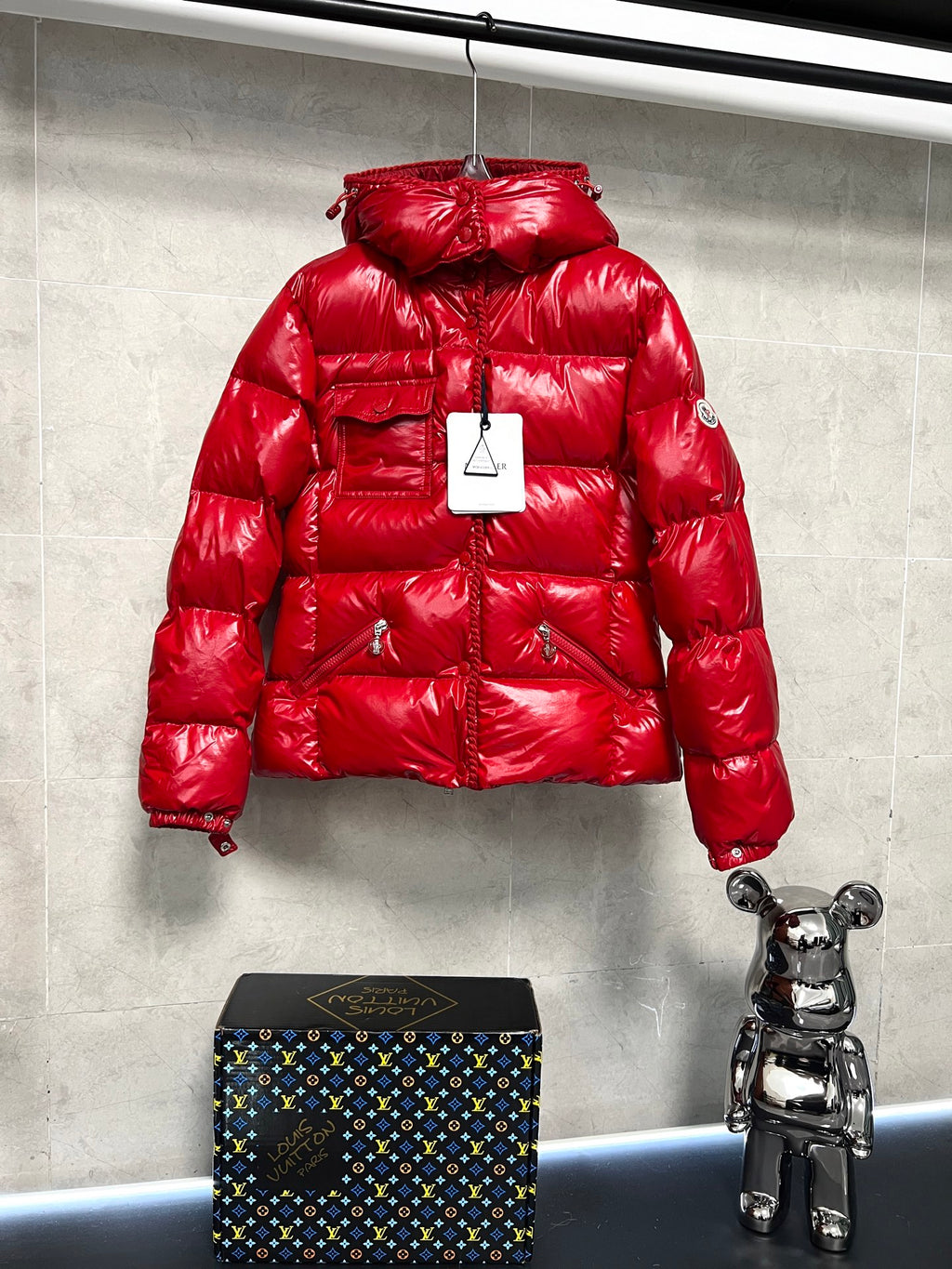 Moncler long red puffer jacket with hood, quilted front, zipper closure and snap cuffs