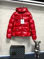 Moncler long red puffer jacket with hood, quilted front, zipper closure and snap cuffs