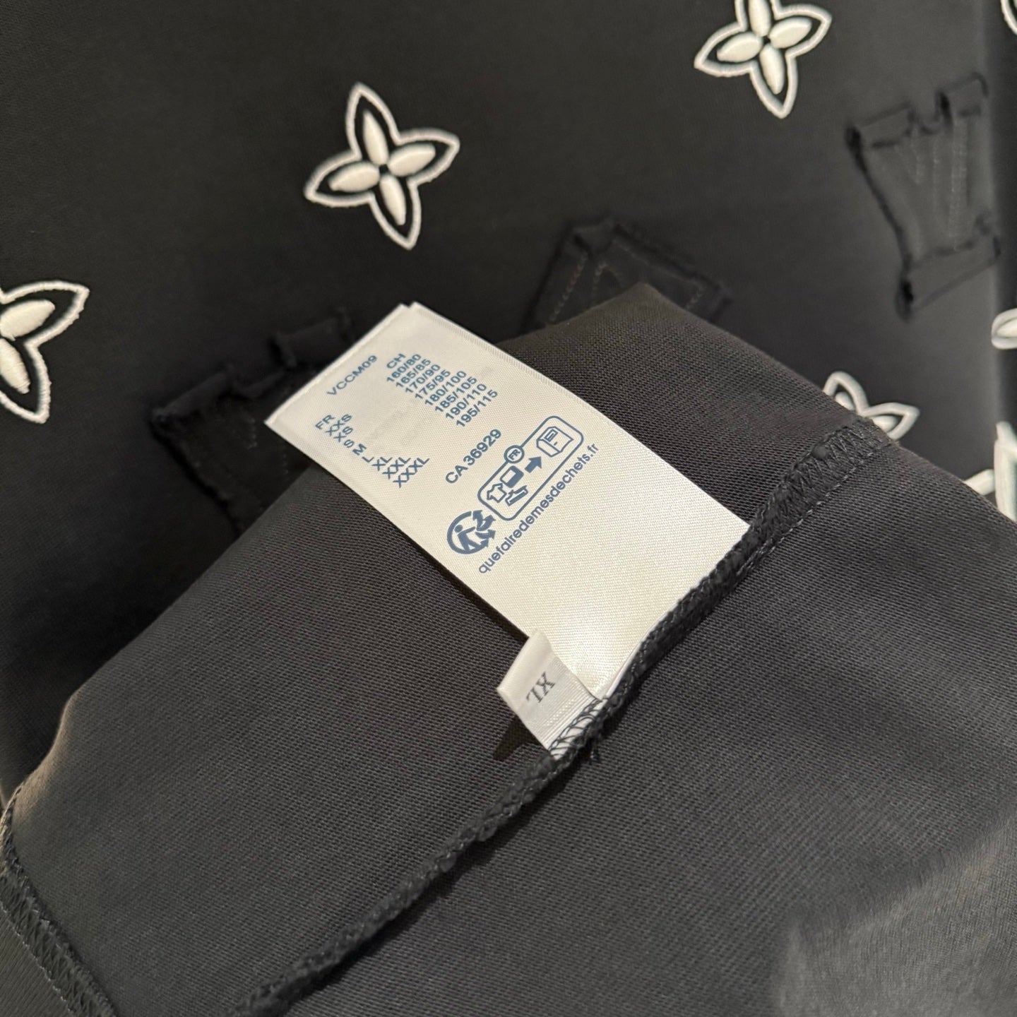 Louis Vuitton short-sleeve T-shirt fabric detail with interior brand and care label