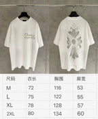 T-shirt size chart listing sizes M to 2XL with length, chest, and shoulder width