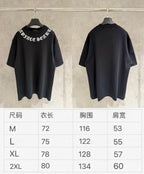Short-sleeve T-shirt and size chart showing M to 2XL measurements