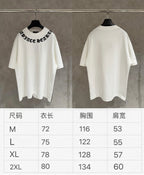 White short-sleeve T-shirts, front and back, with size chart for M–2XL