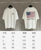 White T-shirt shown front and back with size chart for M to 2XL
