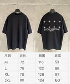 Louis Vuitton black T-shirt front and back, with size chart M–2XL