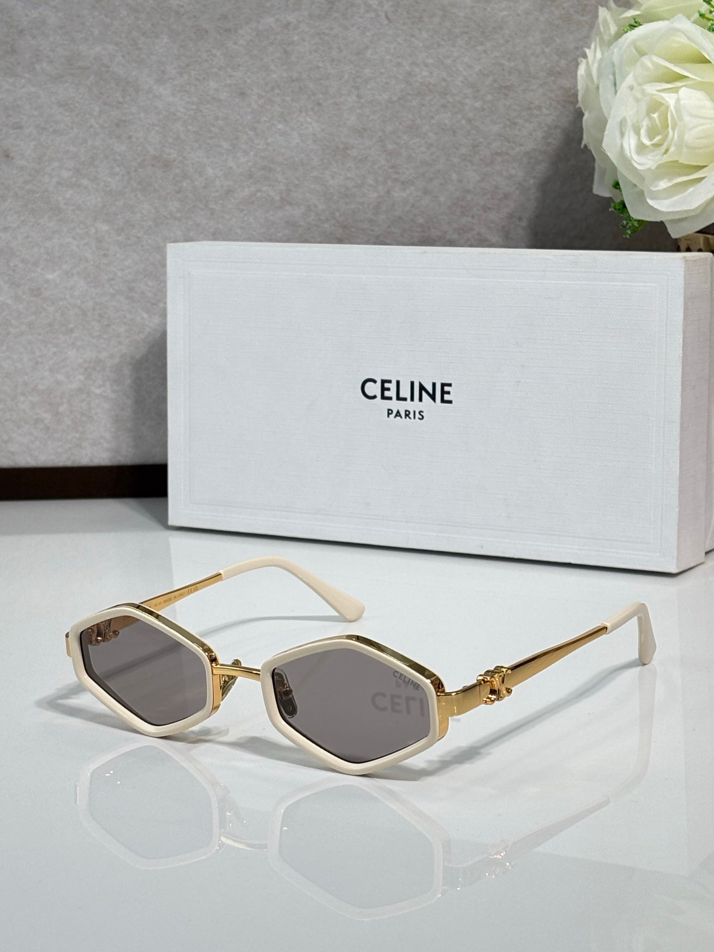 Celine light beige square-frame sunglasses with gold-tone temples and dark lenses