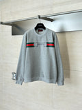 Light gray long-sleeve sweatshirt, front Gucci logo with green and red stripe band