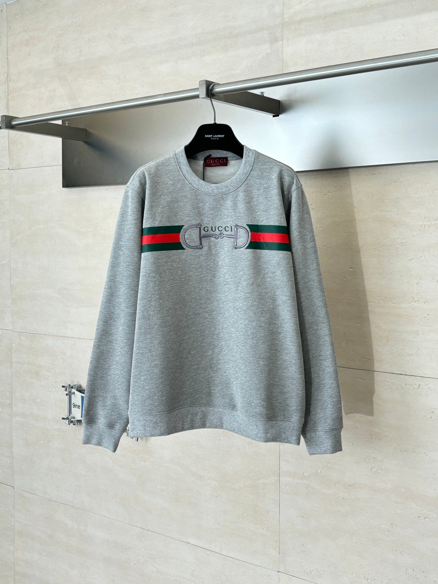 Light gray long-sleeve sweatshirt, front Gucci logo with green and red stripe band