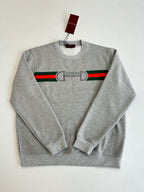 Light gray long-sleeve sweatshirt, front graphic with green and red Gucci band