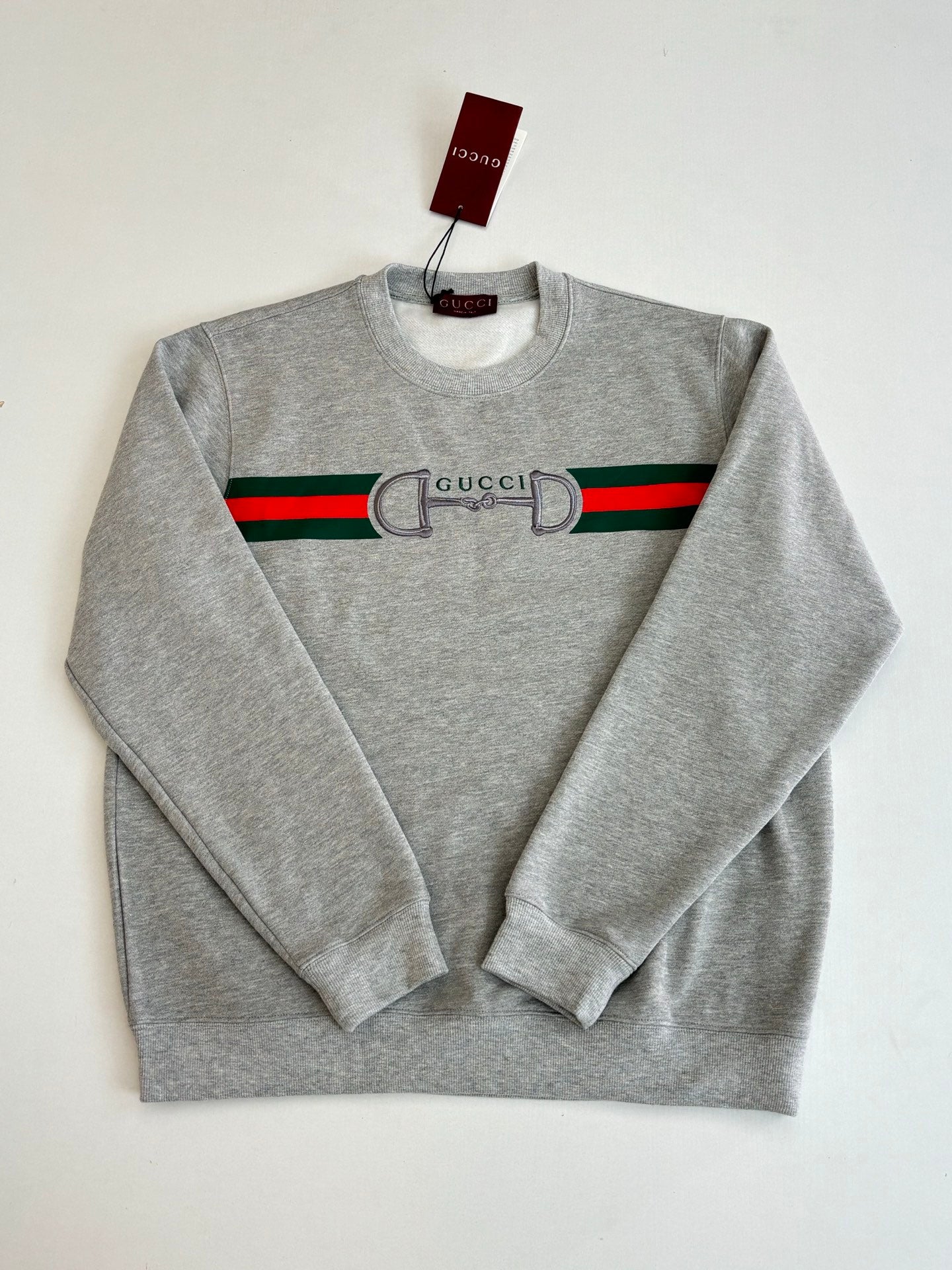 Light gray long-sleeve sweatshirt, front graphic with green and red Gucci band