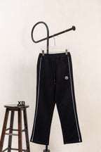 Moncler track pants, black with side stripe and drawstring waist