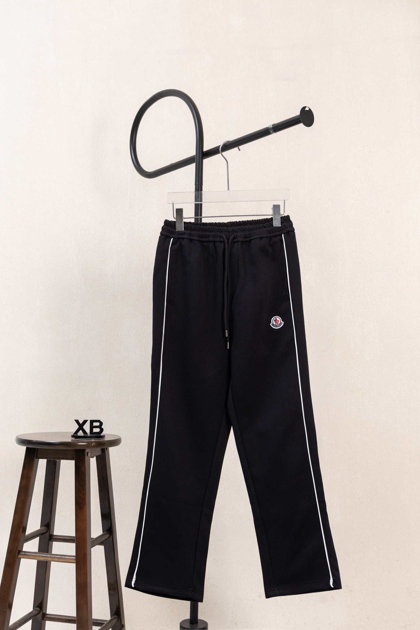 Moncler track pants, black with side stripe and drawstring waist