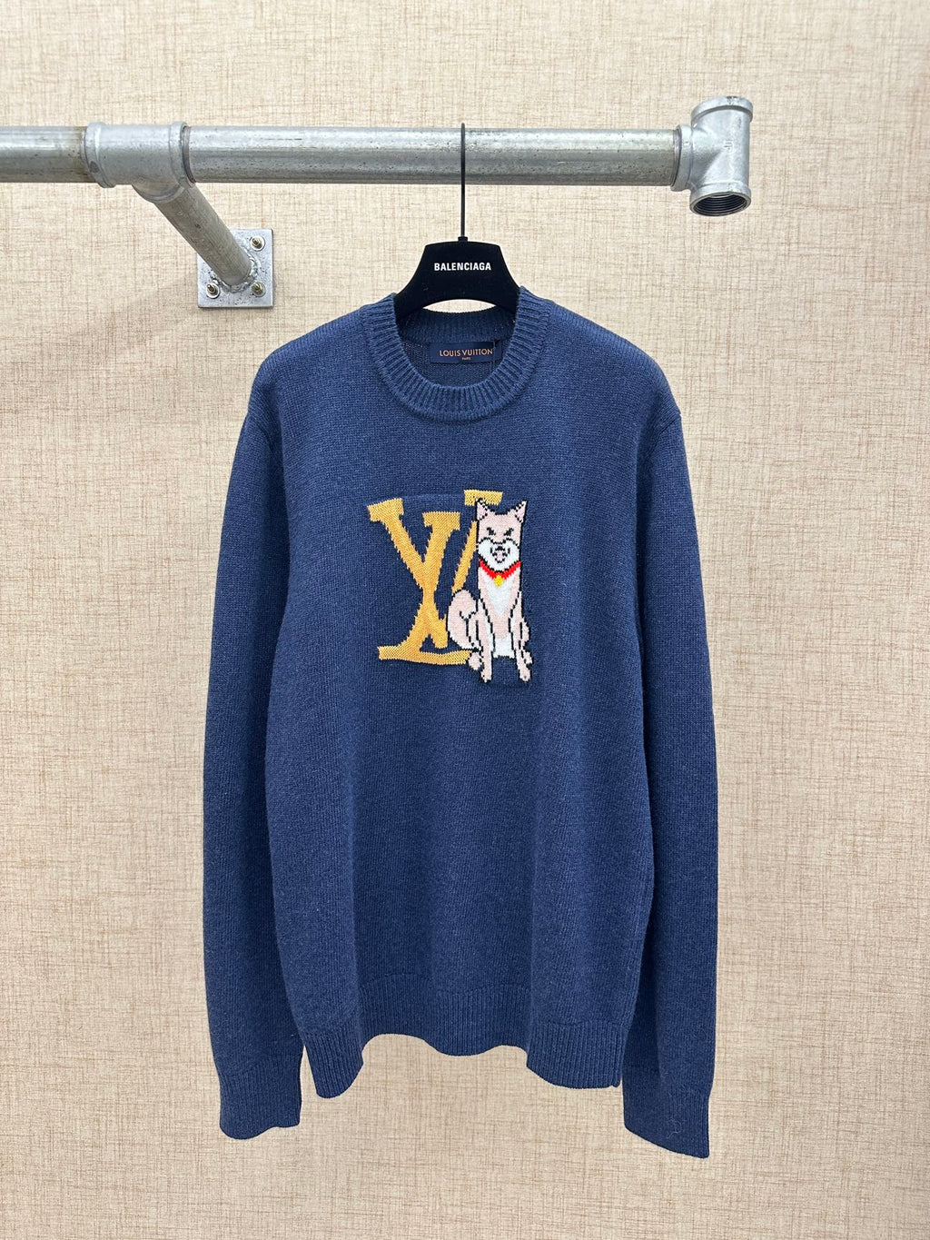 Louis Vuitton knit sweater, dark blue, with colorful dog and LV graphic