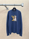 Louis Vuitton knit sweater, dark blue, with colorful dog and LV graphic