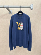 Louis Vuitton knit sweater, dark blue, with colorful dog and LV graphic