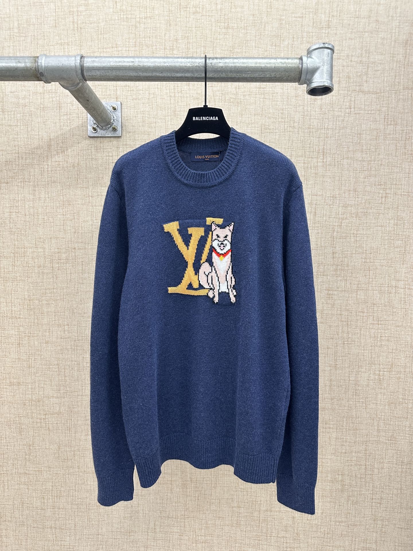 Louis Vuitton knit sweater, dark blue, with colorful dog and LV graphic