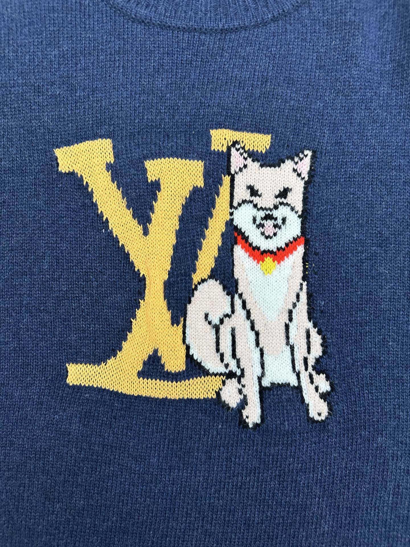 Louis Vuitton knit sweater close-up, dark blue with yellow LV and dog graphic
