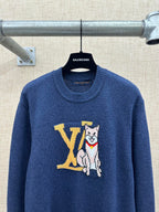Louis Vuitton knit sweater, dark blue, dog graphic with large yellow LV