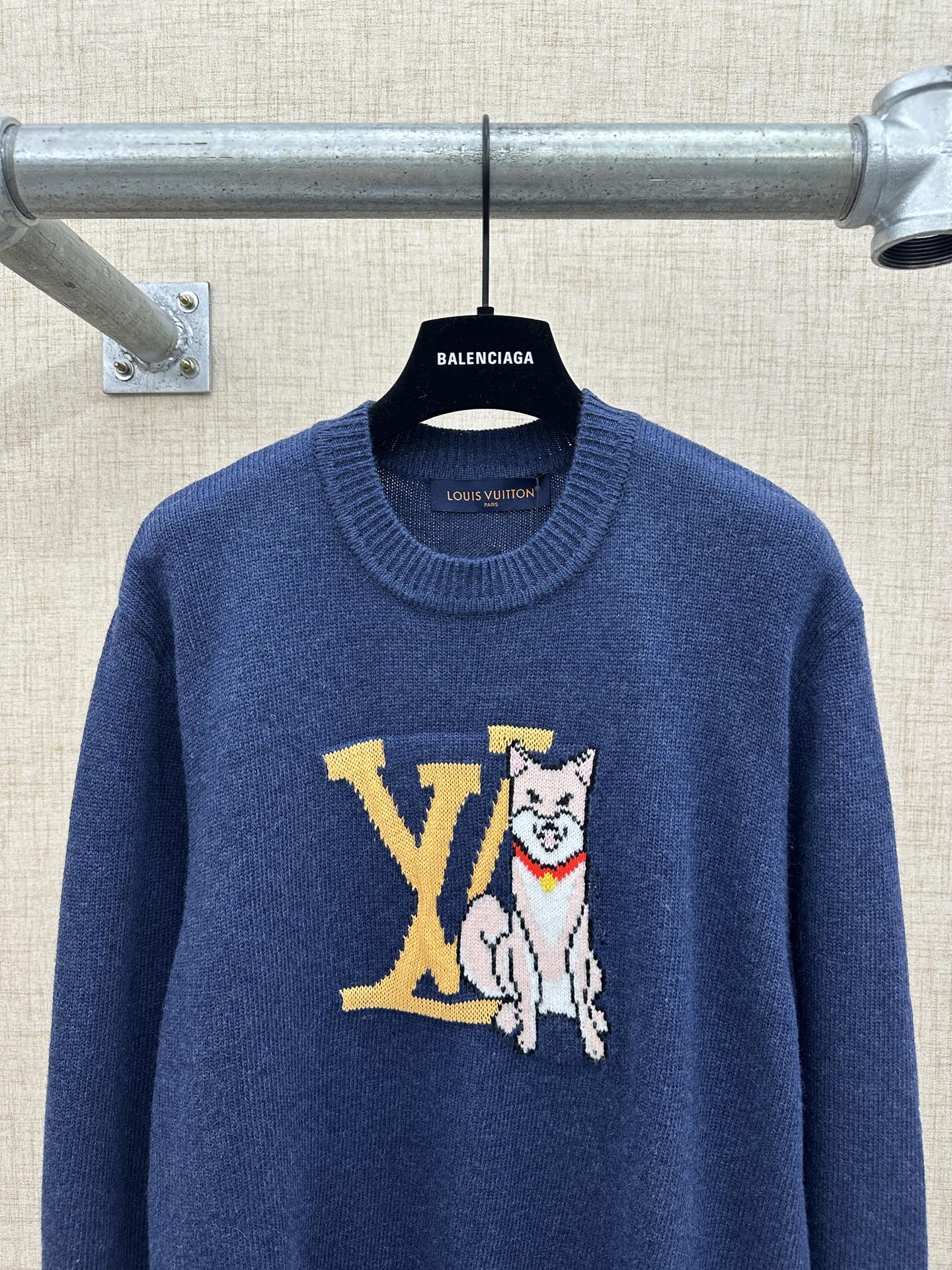 Louis Vuitton knit sweater, dark blue, dog graphic with large yellow LV