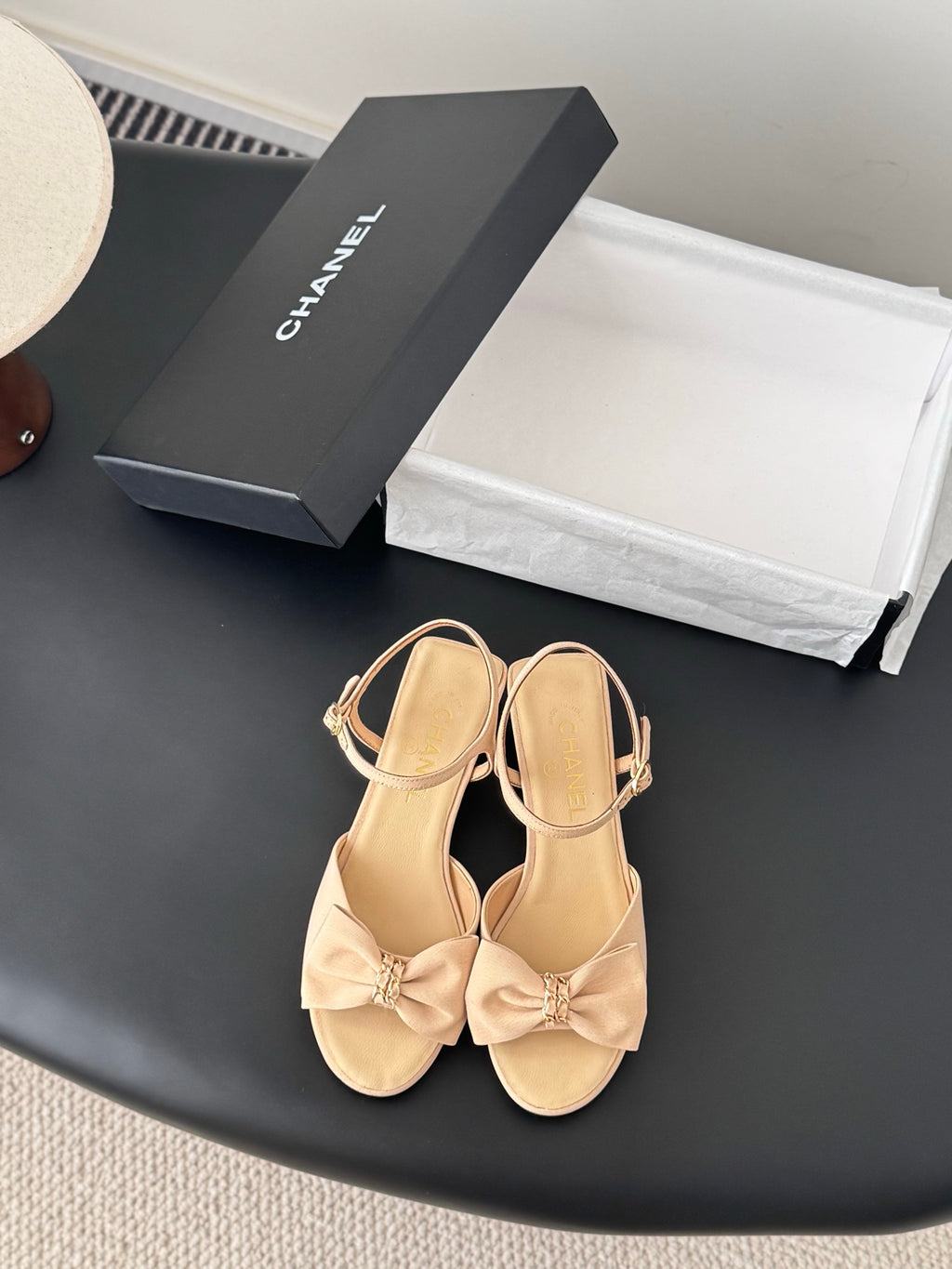 Beige slingback sandals with bow detail and low block heels