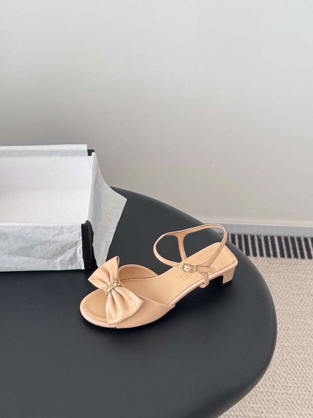 Beige satin slingback sandals with bow detail and flat sole