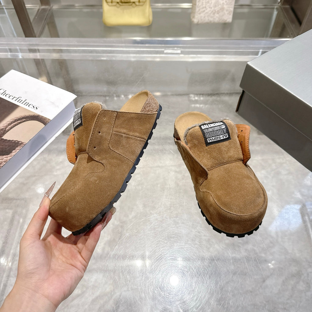 Balenciaga brown suede slip-on shoes with fur-lined collar and thick outsole tread