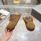 Balenciaga brown suede slip-on shoes with fur-lined collar and thick outsole tread