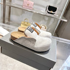 Balenciaga slip-on shoes in light gray suede, on display with shearling lining and thick sole