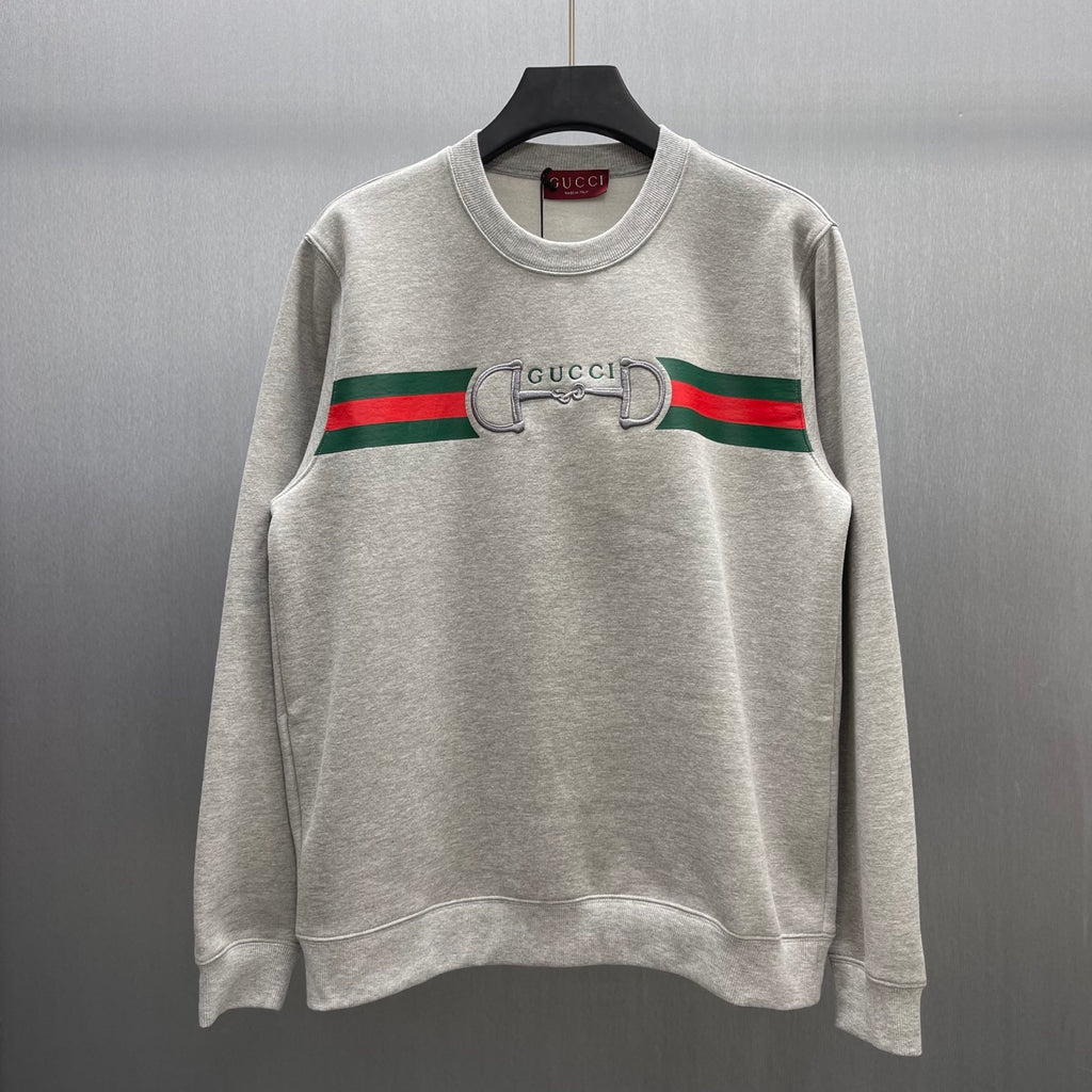 Light gray Gucci sweatshirt with crew neck and green/red stripe logo panel