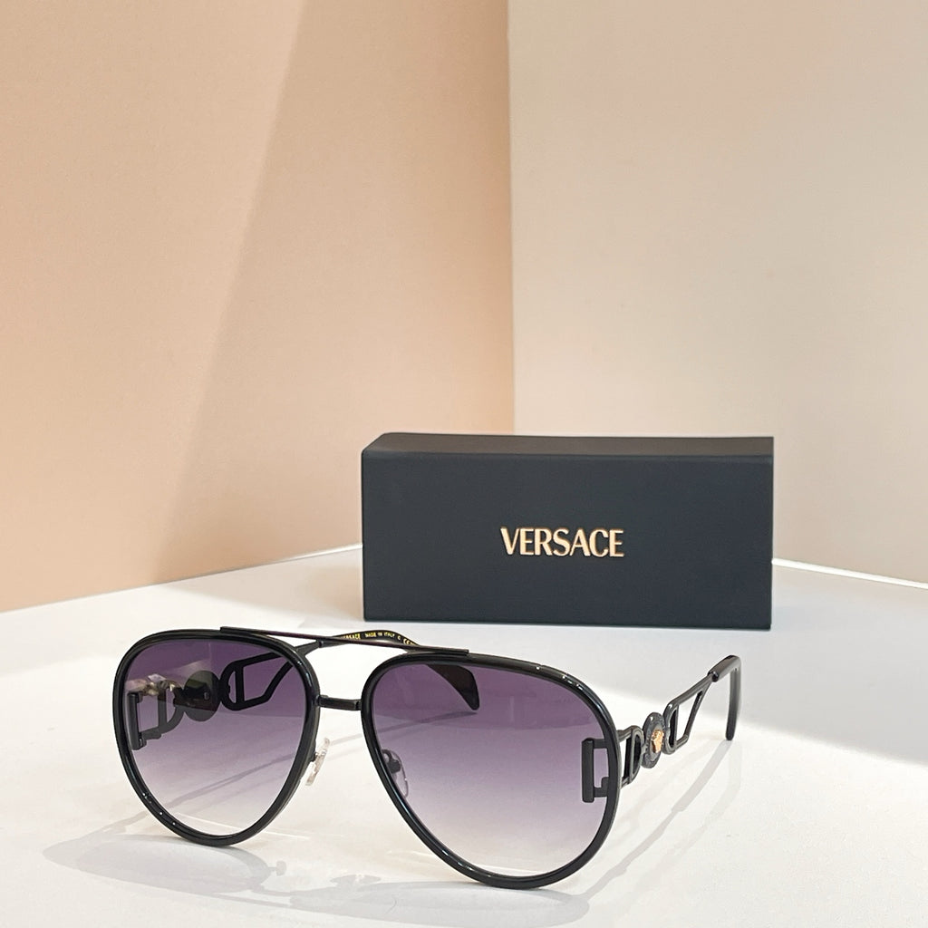 Versace sunglasses with black frames and purple-tinted lenses