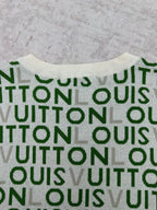 Louis Vuitton short-sleeve top front, green and white repeating monogram pattern