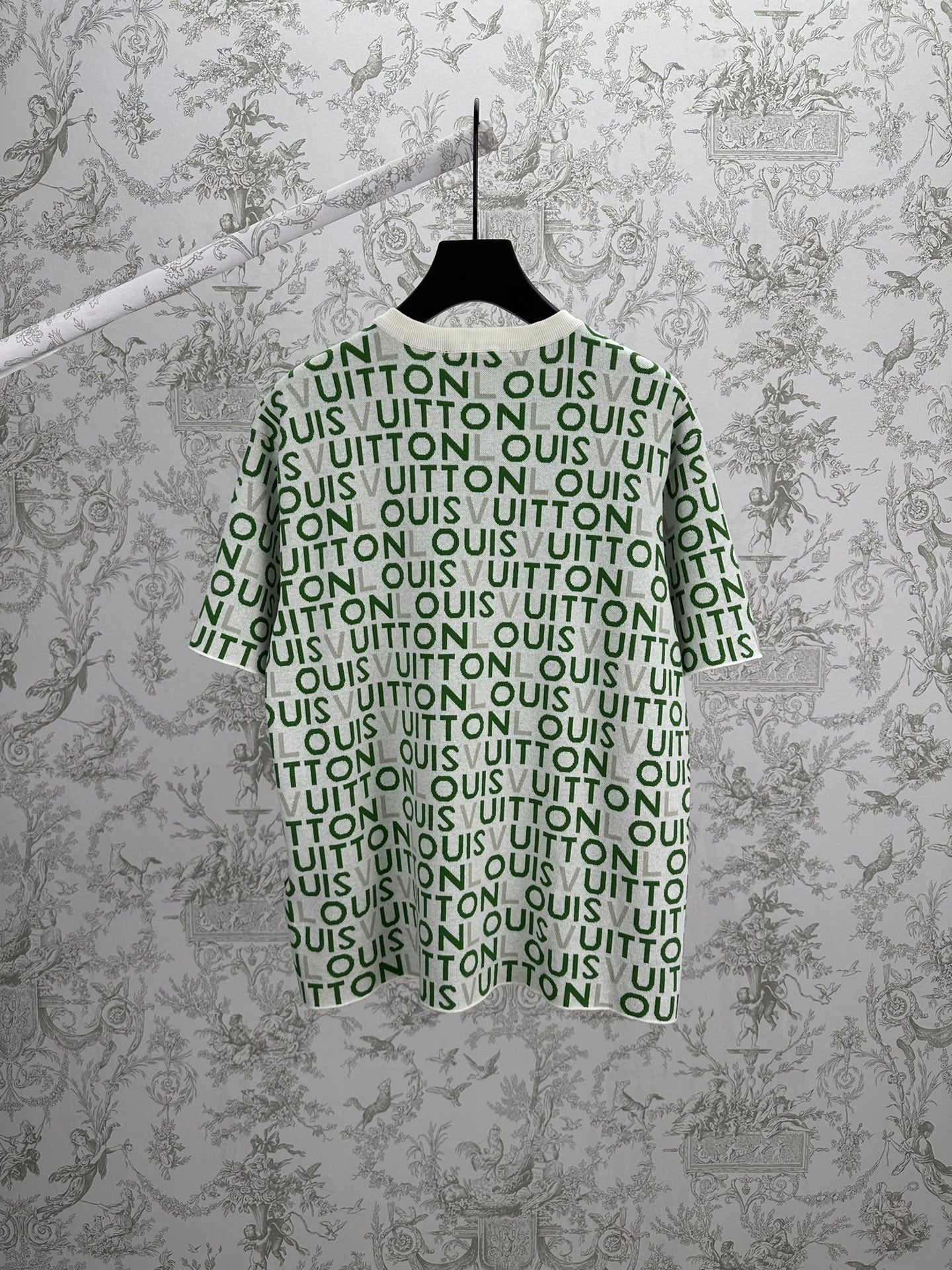 Louis Vuitton short-sleeve top on hanger, green and white monogram repeat