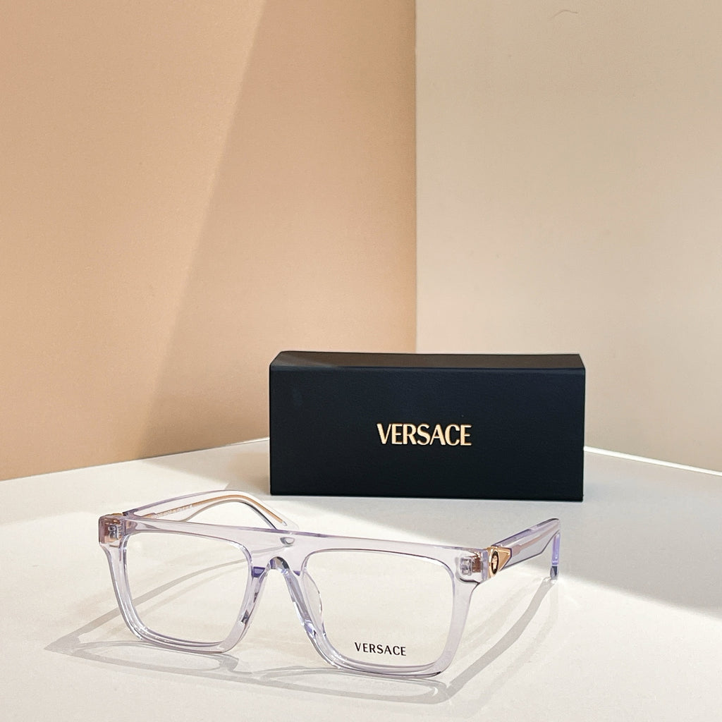Versace eyeglasses with clear light purple rectangular frames and gold temple hardware.