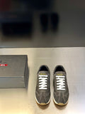 Prada unisex lace-up sneakers, dark gray suede with white laces and logo on tongue