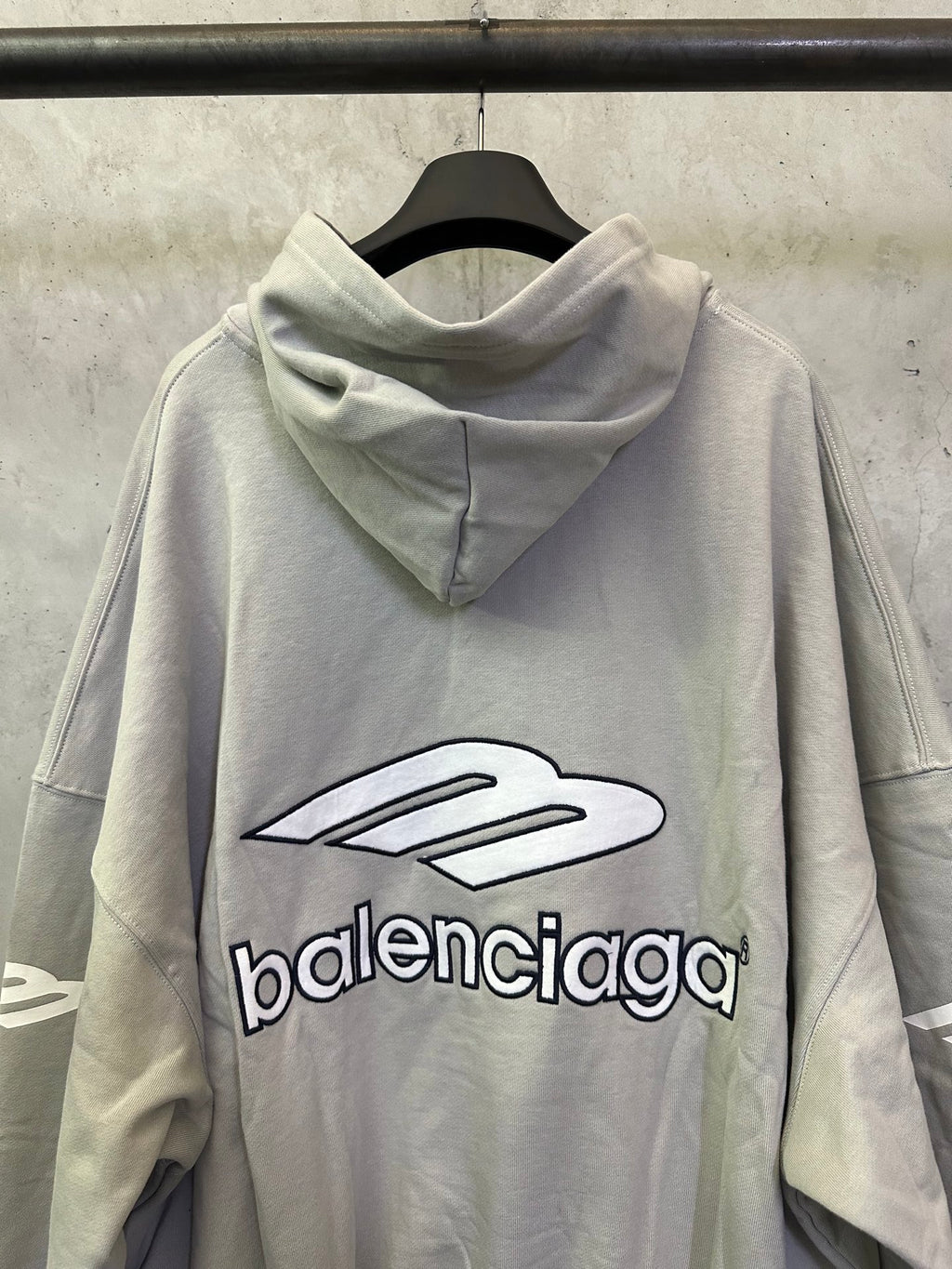 Light gray long-sleeve hoodie with hood and large back Balenciaga logo