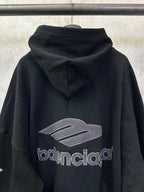 Black Balenciaga hoodie back view with hood and large logo graphic
