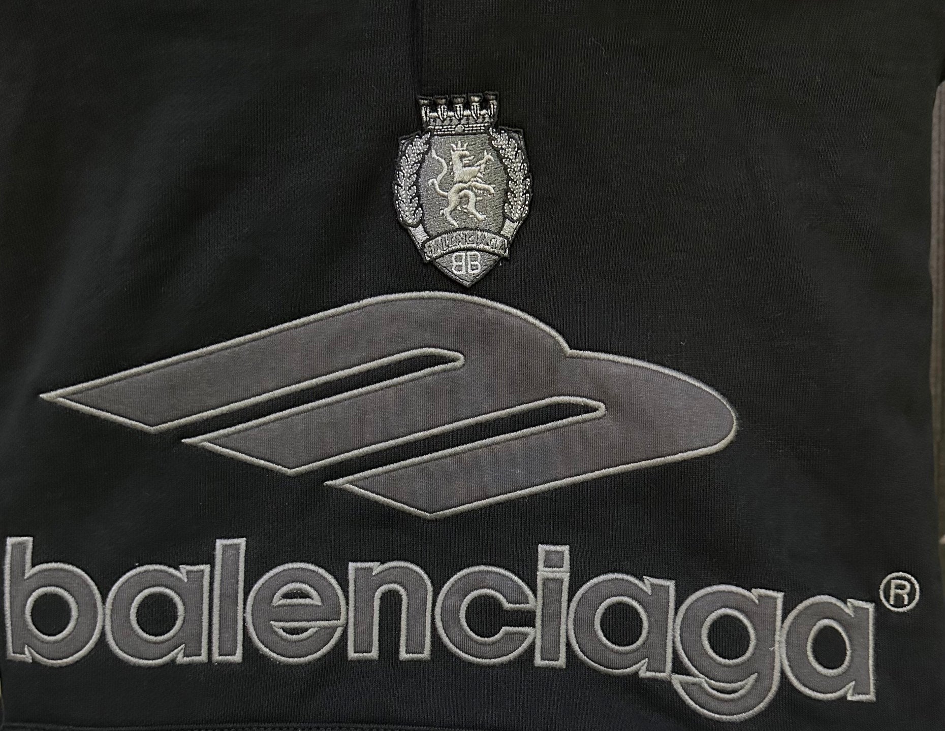 Black Balenciaga hoodie front close-up showing crest and large logo text