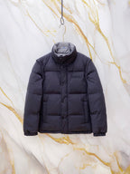 Gucci long puffer jacket in navy blue, hooded with full front zipper and quilted panels.