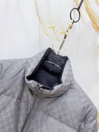 Gucci long puffer jacket collar opening with hood lining, dark gray GG monogram fabric.