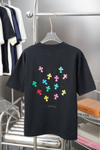 Black short-sleeve T-shirt with large multicolor cross-style graphic on back