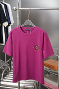 Purple short-sleeve T-shirt with crew neck and small front logo graphic