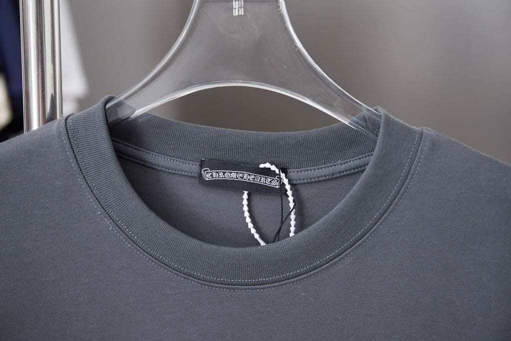 Gray crew-neck T-shirt neckline with inner brand label