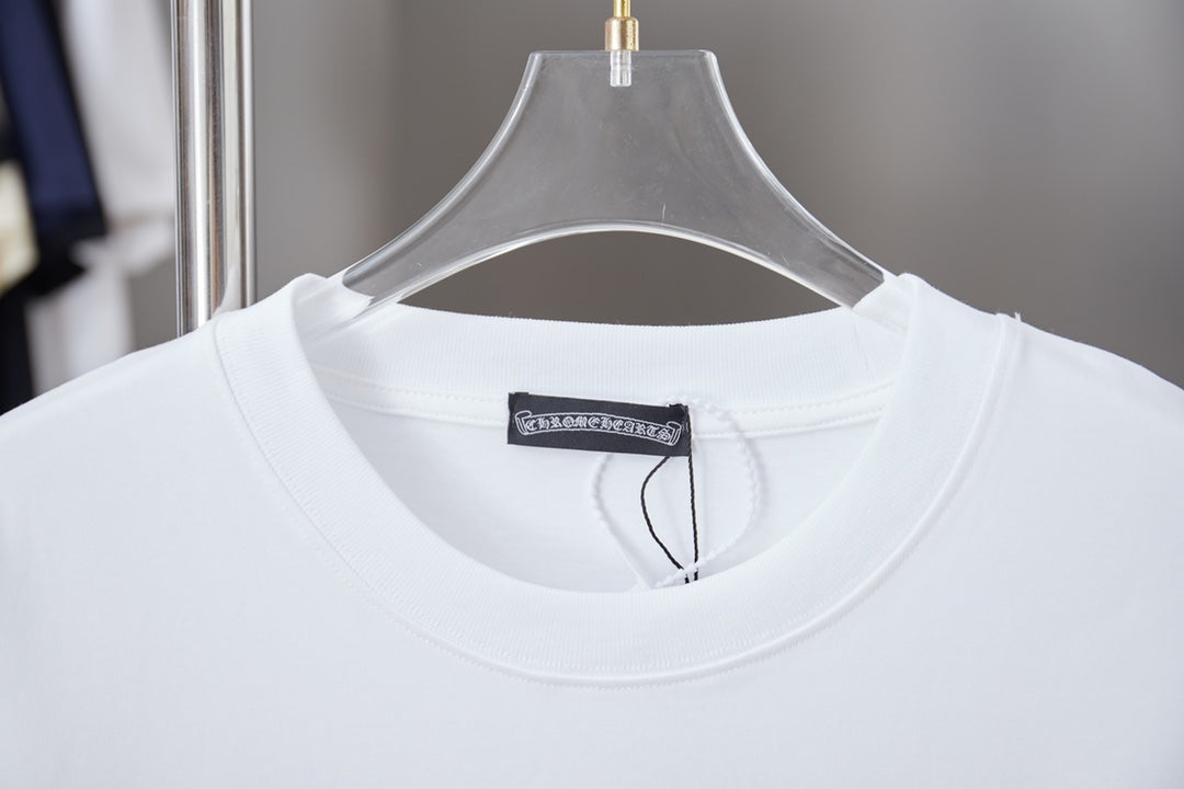 White T-shirt neckline with inner brand tag and short sleeves