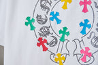 Close-up of multicolor cross graphic on a white T-shirt